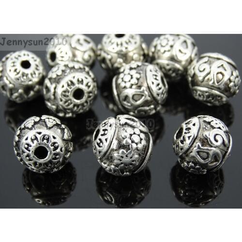 10mm Round Vintage Patterned Tibetan Silver Spacer Connector Charm Beads 3 Hole Tibet Guru(Hollow) 50Pcs/Pack