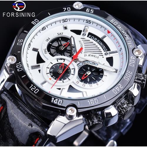 Forsining Male Watch Automatic White 6 Hands Date Display Shiny Genuine Leather Strap Racing Running Glow Hands Mechanical Clock