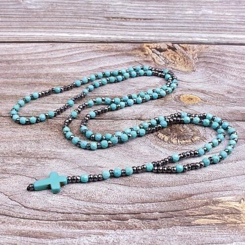 4mm stone bead with Hematite bead cross pendant for Men Women Catholic Christ Rosary Cross necklace
