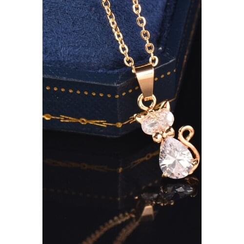 KIOOZOL Cute CZ Cat Pendant Rose Gold Silver Color Choker Necklace for Women Animal Style Jewelry Accessories 534 KO2