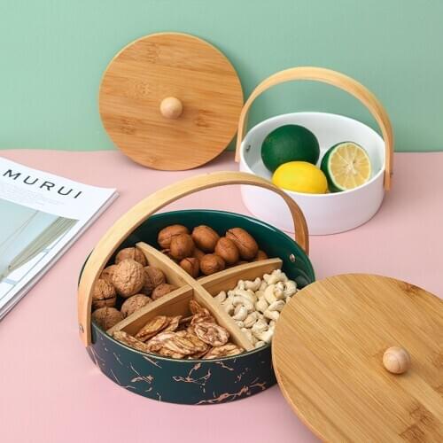 Creative Portable Ceramic Fruit Plate with Cover Household Bamboo and Wood Divided Snack Plate Nut Plate Dried Fruit Platter