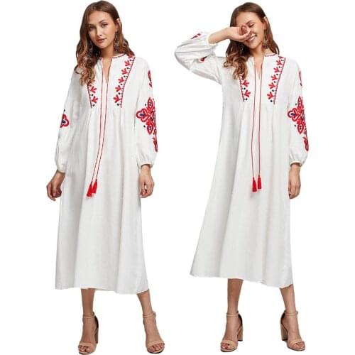Fashion Women Ethnic Embroidery Abaya Maxi Dress Casual Loose Prayer Kaftan Boho Hippie Ladies Dresses Clothing New