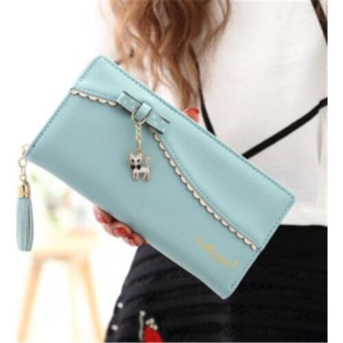 Fashion Womens Wallet New Korea Sweet Long Wallet Bow Lady Kitten Pendant Wallet Solid Card Holder Women Clutch Handbag Bag