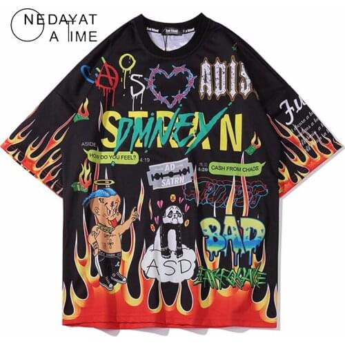 Men Graffiti Cartoon Print Men Tee Shirts Short Sleeve T Shirt Fashion High Street Tees Summer Punk Rock Hipster Tops Streetwear