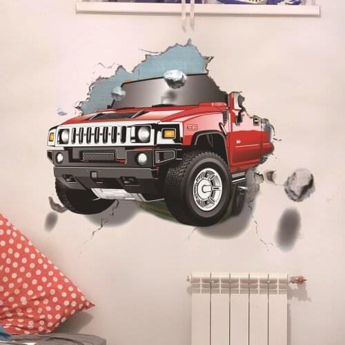 3D Broken Wall Car Wall Stickers Boy Teen Room Decor Aesthetic Self-adhesive Wallpaper Kids Bedroom Creative Mural Decorative