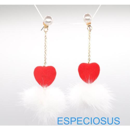 New Ear Stud Imitation Rabbit Hair Pompom Red Heart Gold Color Pearl Earring Fashion Long Cute Earring Tassels Girls Jewelry
