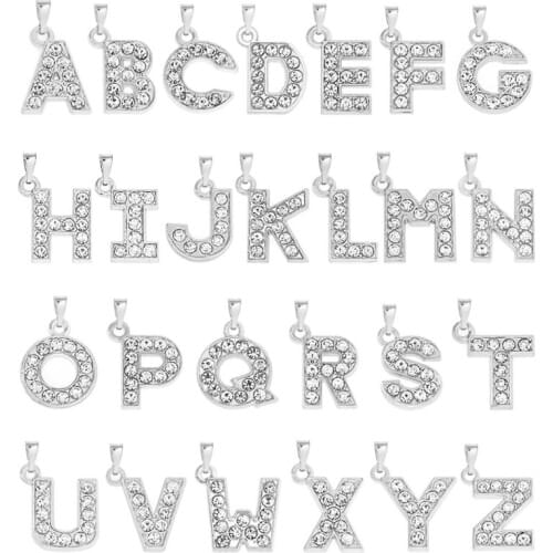1pc A-Z 15mm x15mm Silver Rhinestone Hang Letters Necklace Pendant Fit Pet Collar Chain Women DIY Jewelry Making