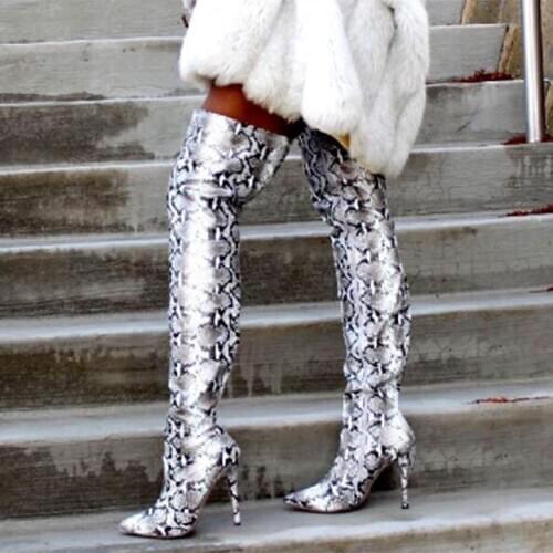Sexy Ladies Snakeskin Over The Knee Boots Autumn High Heels Party Womens Shoes Snake Prints Pointed Toe Thigh High Boots 2020