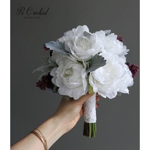 PEORCHID White Peony Bridal Wedding Bouquet fleur Artificielle Charming Brides Hand Holding Flowers Deco Mariage 2021 New