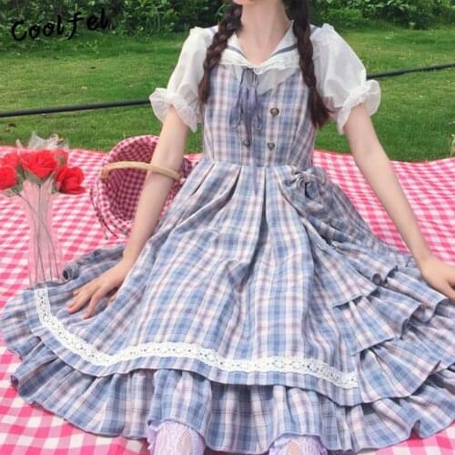 Japanese Lolita Peter Pan Collar Vintage Plaid Lolita Dress Womens Summer Princess Lolita Dress