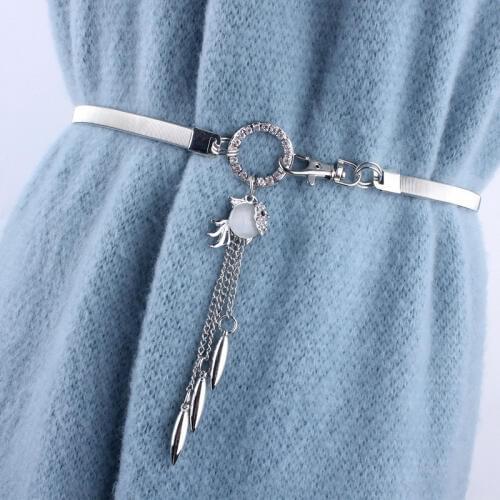 Fashion ladies rhinestone thin metal chain belt elastic waist belts round buckle for women dresses female luxury ceinture femme