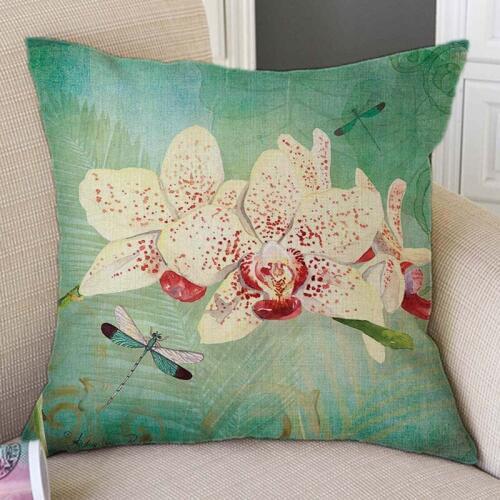 Spring Orchid Flower Dragonfly Butterfly Birds Green Sofa Throw Pillow Case Rain Forest Tropical Palm Leaf Floral Cushion Cover