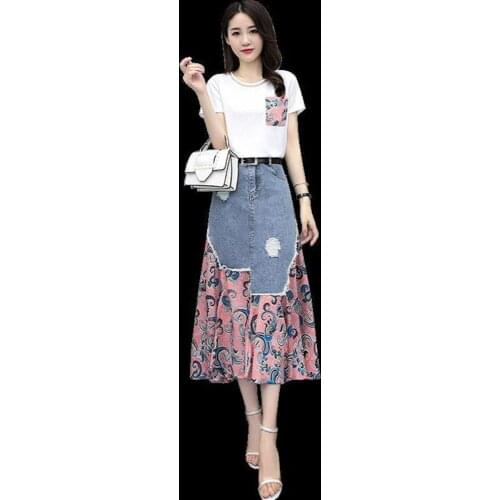 Summer Denim Dress Women Two-Piece Suit 2021 New Female Temperament Printed Skirt Set Vestidos Long Skirt Ladies Outfit L557