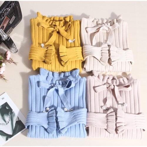 New Autumn Winter Sweater Women Slim Elegant Office Wear Lotus Leaf Long Sleeved Pullover Knitted Woman Solid Bow Pearl Sweaters