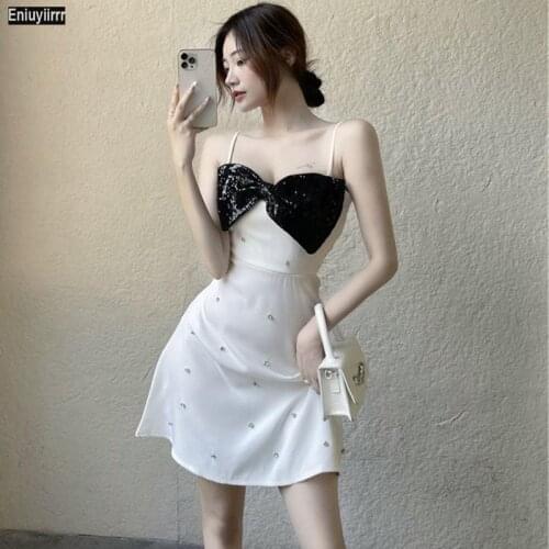 Women 2021 Summer Office Lady Vestidos Faux Two Piece French Style Design Elegant Party Robe Dress