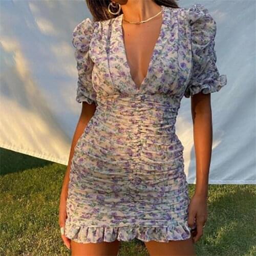 2022 Summer European and American Fashion New Product V-neck Short Skirt with Wooden Ears Temperament Fold Wrap Dress Female