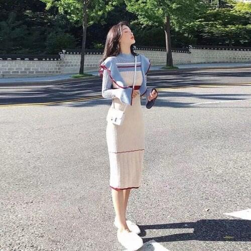 2021 New Women O-neck Collar Patchwork Dress Female Knitting Mid Length Dresses Ladies Long Sleeve Vestido Ruffles Dresses H923