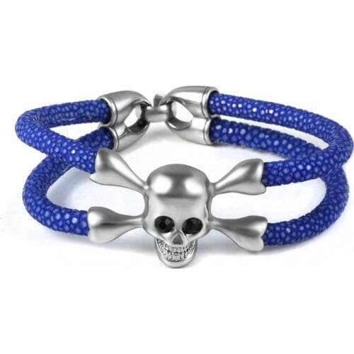 10pcs) Men Silver Stainless Steel Skull Bracelet High Quality 5mm Stingray Leather Black Eye Leather Bracelet Luxury Gift