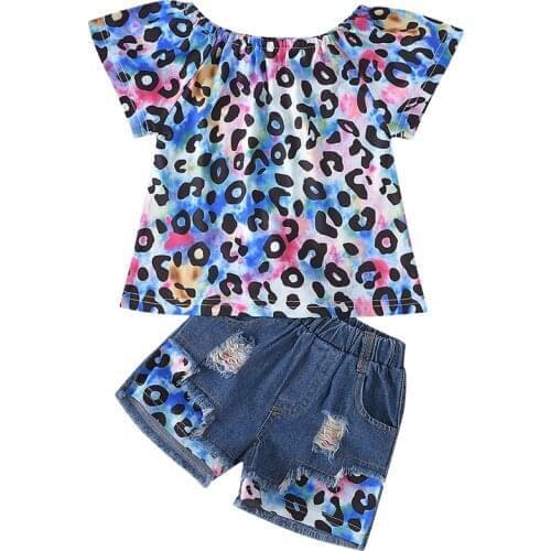 2021 6M-4Y Toddler Kids Baby Girls Print T shirt Tops Denim Shorts 2 PCS Infant Children Outfits Set Clothing