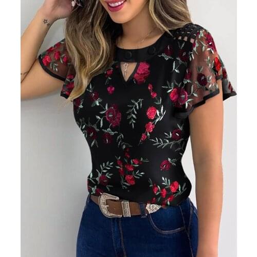 40# Women Embroidery Blouses tops hollow Out O-Neck Lantern Sleeve Dot Mesh Sleeve Loose Blouses Top Elegent Vintage Shirt кофта