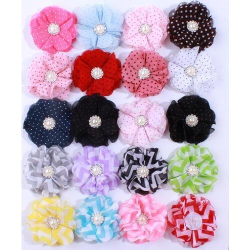 50PCS 5CM Fashion Dot Chiffon Fabric Flowers For Head Wear Plaid Flower For Dress Headbands U Pick Color