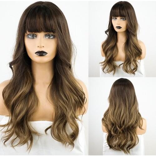 Long Wavy Omber Brown Blonde Synthetic Wigs for Black Women Afro Natural Cosplay Daily Wigs with Bangs Heat Resistant Fake Hair