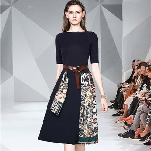 Elegant Knitted Patchwork Pleated Midi Dress 2021 Autumn Fashion Women Half Sleeve Ethnic Retro Printing Pleated Dress With Belt