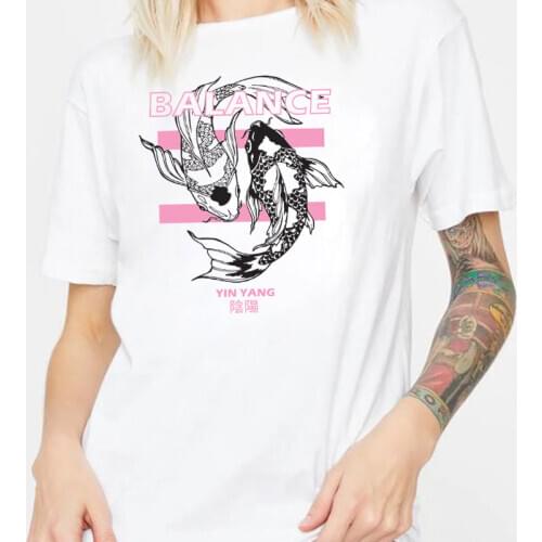 Yin Yang Koi Fish Print Vintage Japanese Style T-Shirt Summer Women Aesthetic Harajuku Streetwear Graphic Tshirt Cute Tops