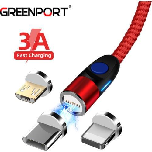GREENPORT 3 in 1 Round Magnetic USB Mobile Phone Cables for iphone xs Samsung S9 S8 Micro Usb C Magnetic Charger Cord