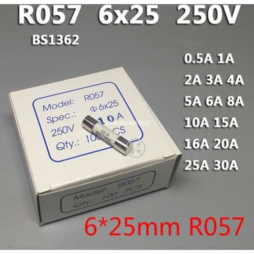 10Pcs R057 6*25mm Fast blow Ceramic Fuse 6x25 Fuse 250V 0.5A 1A 2A 3A 4A 5A 6A 8A 10A 13A 15A 16A 20A 25A 30A
