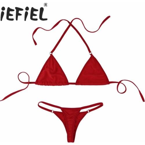 Women Lingerie Set Solid Color Halterneck Mini Micro Bikini Bra Top with G-String Briefs Underwear Bikini Swimsuit Beachwear