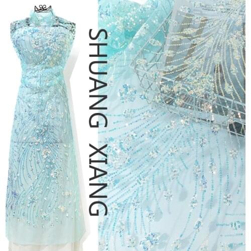 Summer elegant embroidered lace fabric for skirt performance dress womens blue color embroidered fabric