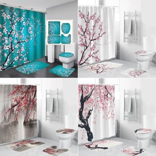 Plum Blossom Printed Bathroom Curtain Set Non-Slip Rugs Toilet Lid Cover and Bath Mat Carpet Flower Shower Curtains Sets
