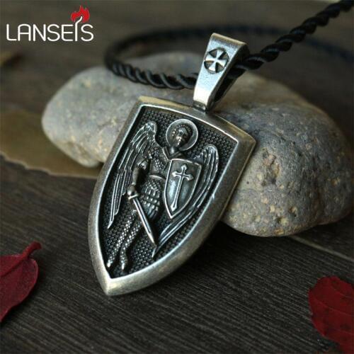 Lanseis 1pcs dropshipping men necklace Archangel St.Michael Protect Me Saint Shield Protection Charm russian orhodox pendant