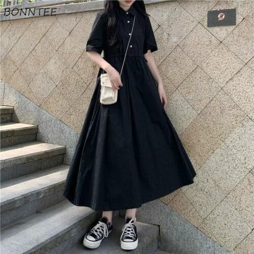 Dresses Women Summer Pure Color Ankle-length Casual Korean Style Fashion Cozy Ulzzang Mujer De Moda Female Students Streetwear