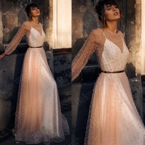 Champagne Pearls Beach Wedding Dresses 2021 Long Sleeve Tulle Boho Bride Dress With Belt Vestido De Noiva Bridal Gowns For Women