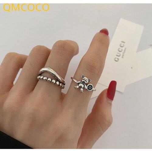 QMCOCO 925 Silver Bear Rings New Fashion Creative Hollow Out Wave Double-Deck Geometric Vintage Punk Party Jewelry Gifts