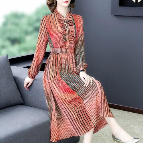 Spring Autumn Print Chiffon Plaid Long Sleeve Midi Dress Women Korean Fashion Casual Dress 2021 Boho Office Lady Vintage Vestido