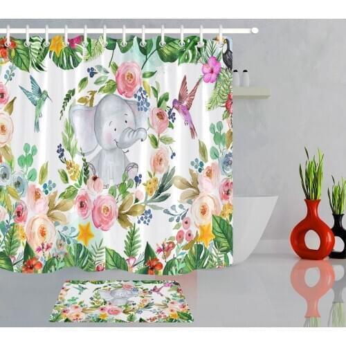 Lovely Elephant Bathroom Curtain Watercolor Cartoon Wild Animal Plant Flower Shower Curtain with 12 Hooks Non-slip Bath Mat