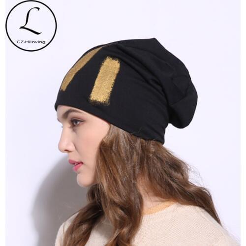 Women Winter Warm Black Cotton Slouchy Beanies Skullies Hats For Femme Elastic Gold Metallic Skull Hats Gorros Mujer Invierno