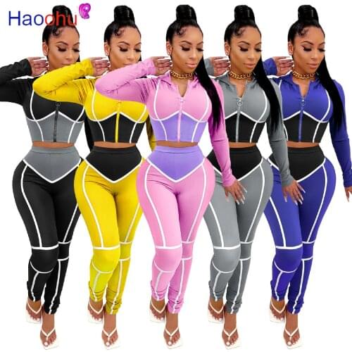 HAOOHU Sportwear Patchwork Womens Set Long Sleeve Zipper Top Jogger Pant Set Tracksuit Fitness Two Piece Outfits Matching Set