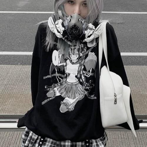 Japanese gothic sweatshirt Ulzzang dark anime casual Fun punk loose ins fall plus size streetwear Harajuku womens sweatshirt