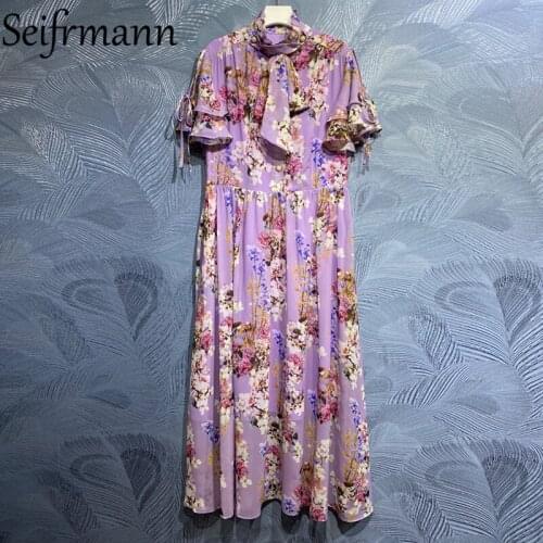 Seifrmann New 2021 Summer Women Fashion Designer Party Long Dress Butterfly Sleeve Gorgeous Bow High Waist Floral Print Dresses