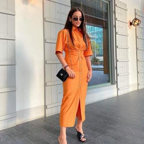 Foridol Half Sleeve Orange Button Up Shirt Dress Maxi Long Ruched Office Ladies Elegant Dress Straight Autumn Dress Vestidos