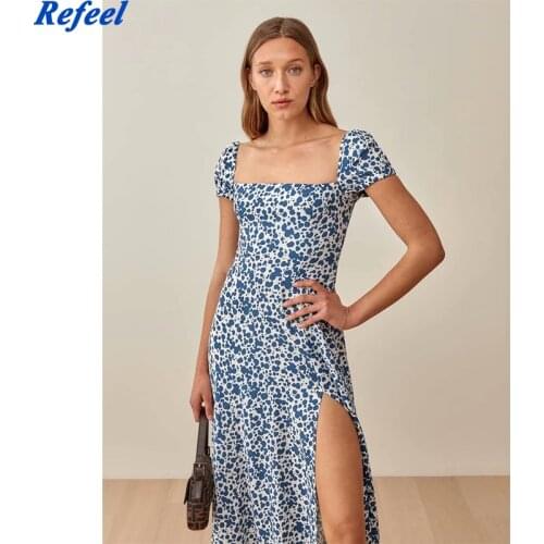 Print Blue Long Dress Women Summer Dress Retro French Style Square Collar Vintage Chiffon Dresses High Waist