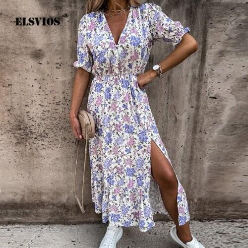 2021 New Summer Women Elegant Floral Print Dress V-neck Short Sleeve A-line Dress Lady Autumn Fashion Party Maxi Dresses Vestido