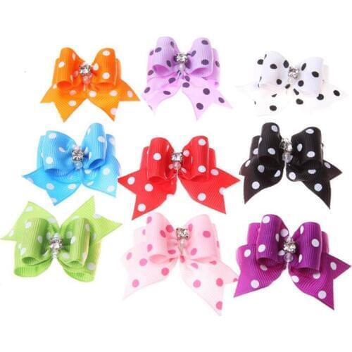 1 Pair Boutique Handmade Dog Hair Bows 10 Colors Dot Pattern Pet Hair Accessories With Rubber Band Rhinestone Decorated Bowknot