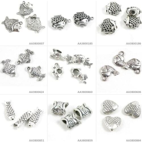 Antique Silver Tone Jewelry Making Charms Fish Loose Beads Cat Carp Hollow Bracelet Pendant Necklace