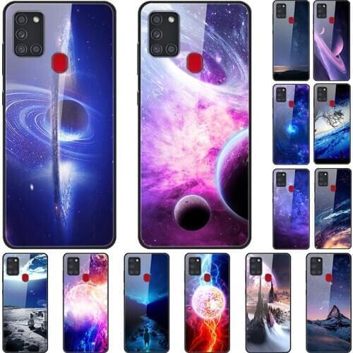 Case For Samsung Galaxy A21S Back Phone Cover Black Silicone Bumper With Tempered Glass Star Sky Pattern