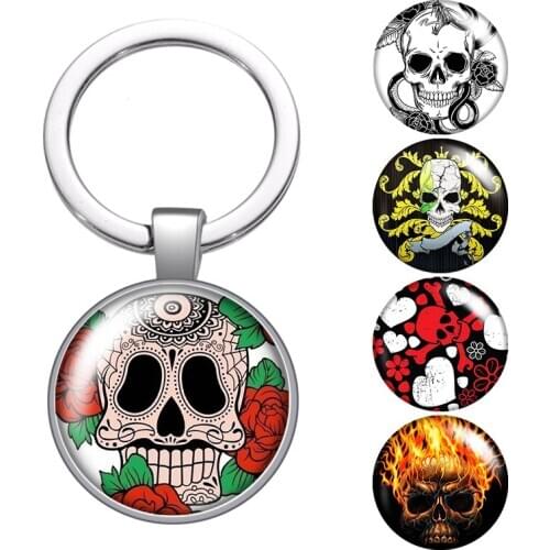 Punk Skull glass cabochon keychain Bag Car key chain Ring Holder Charms silver color keychains for Men Women Gifts
